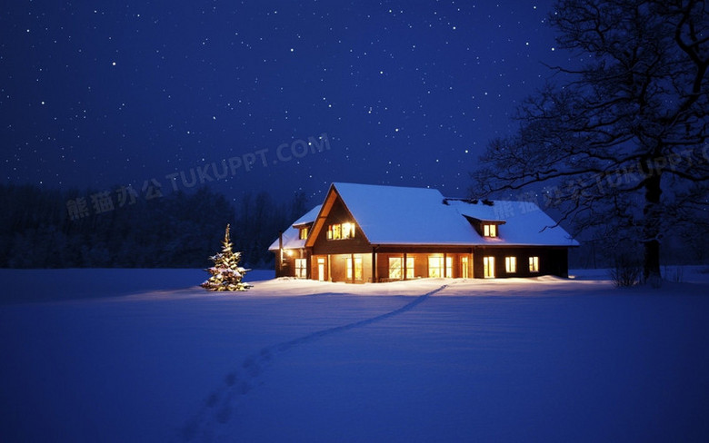 冬季夜晚白雪地房子海报背景