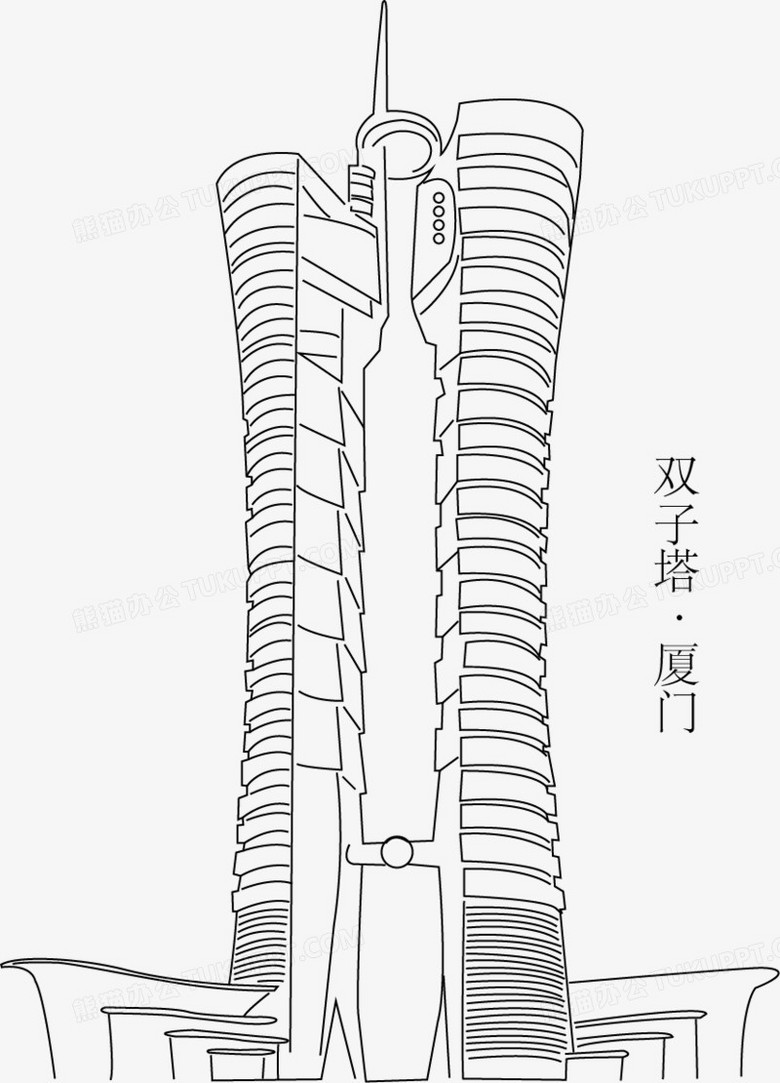 作品以黑色为背景,设计了简笔画厦门双子塔,整体呈现简约风.