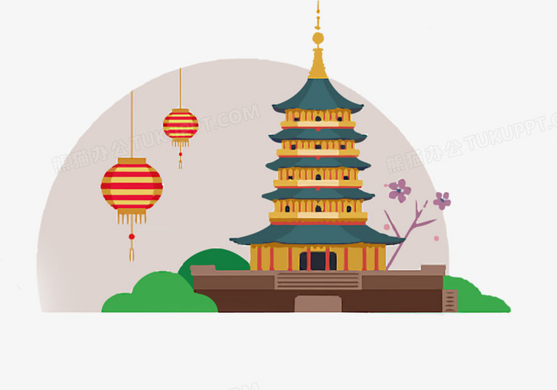 手绘扁平风格合成古塔造型