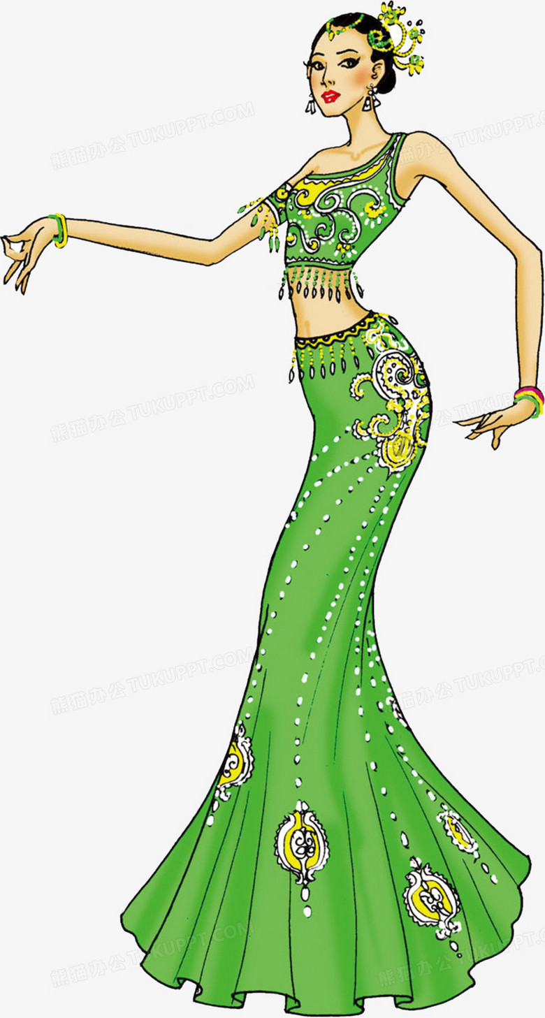 本作品全称为《绿色卡通风婀娜多姿的傣族少女创意元素,在整个配色