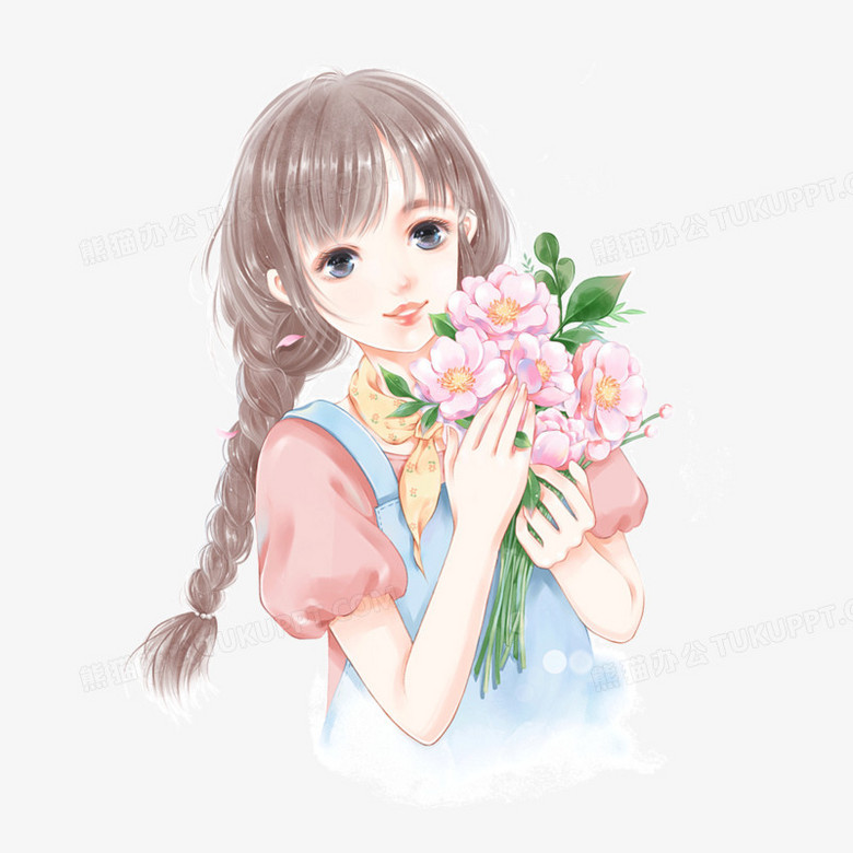 手绘插画拿花女孩素材