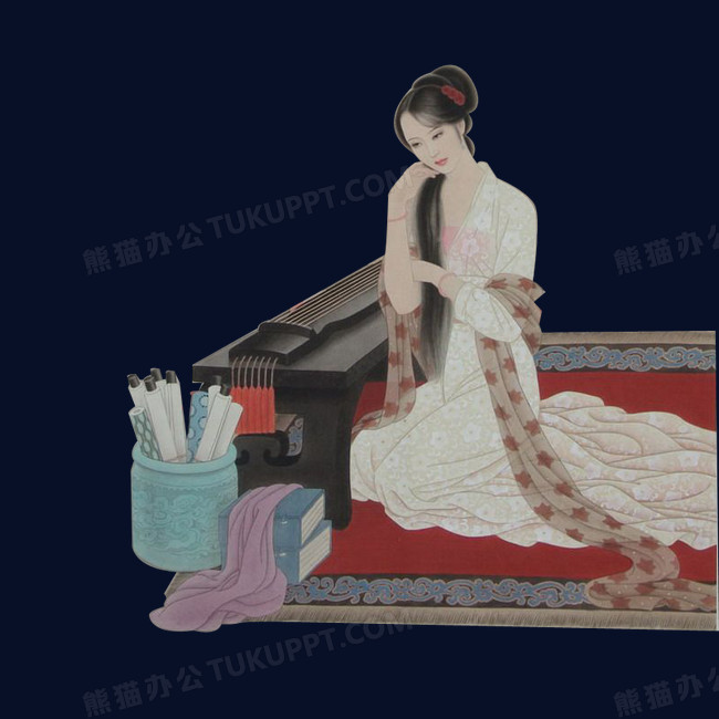 古典美女抚琴图