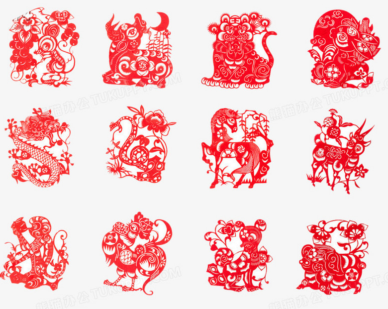 本作品全称为《红色中国风新年十二生肖剪纸画元素》,使用 adobe
