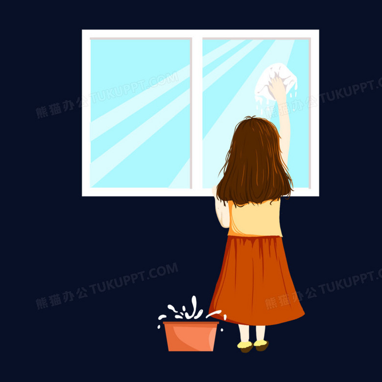卡通手绘女孩日常打扫卫生擦窗户素材