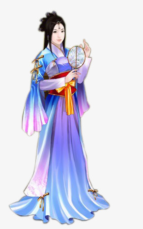蓝衣扇子女子古风立绘