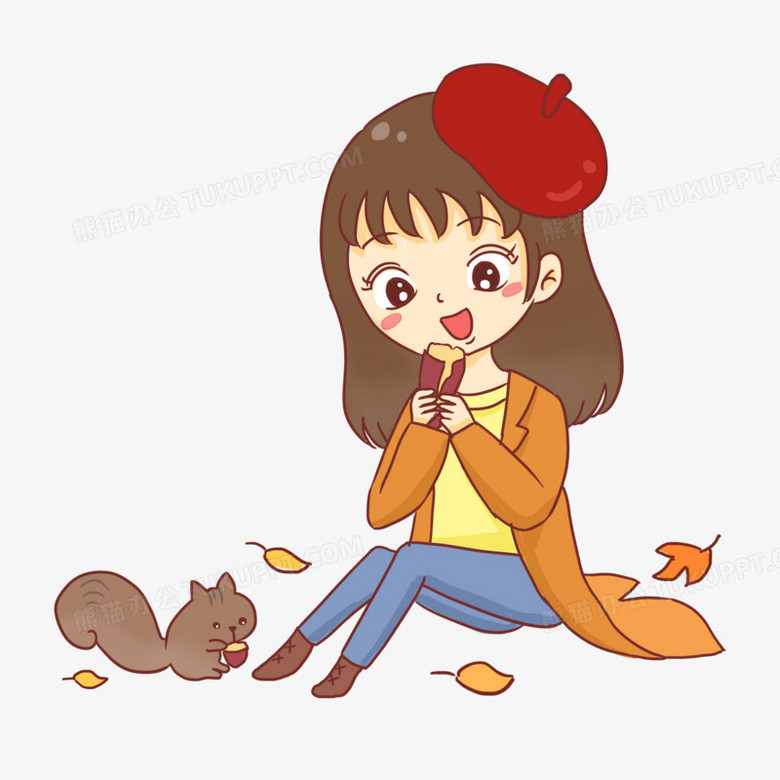 手绘卡通女孩吃番薯元素