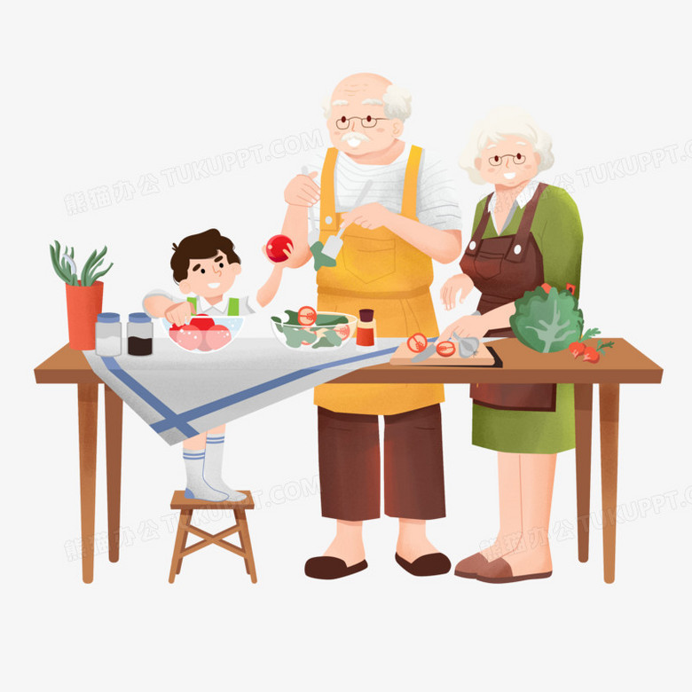 手绘卡通爷爷奶奶带孙子做饭场景素材