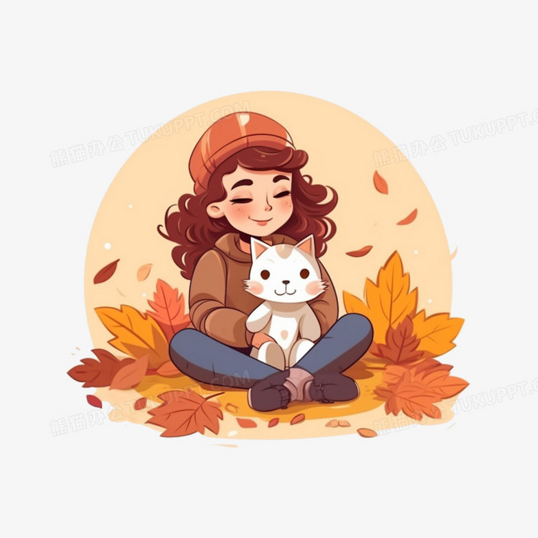 秋天卡通女孩坐着摸猫元素