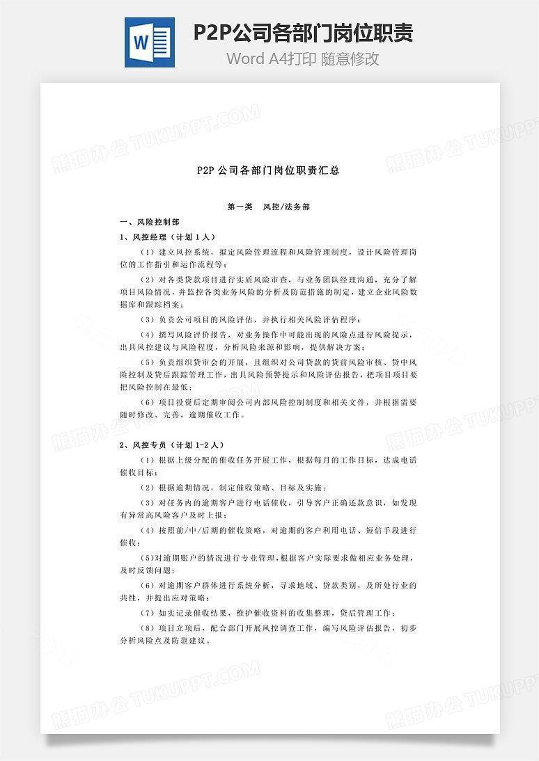 P2P公司各部门岗位职责Word文档