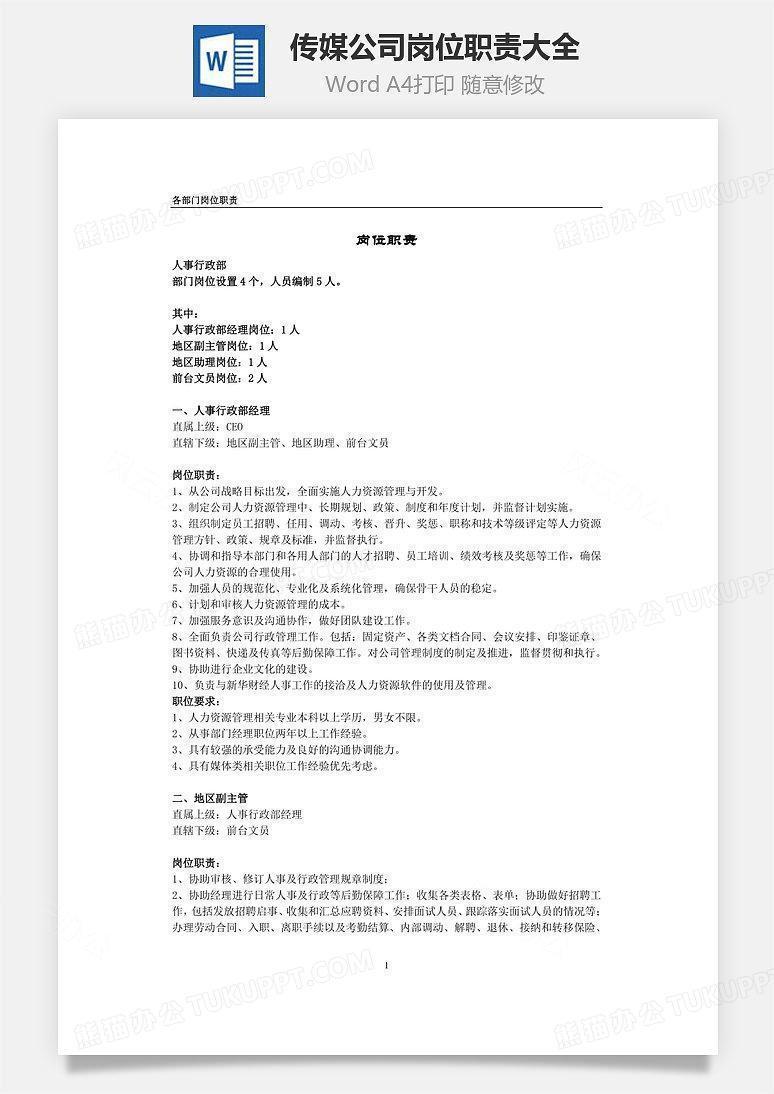 传媒公司岗位职责大全Word文档