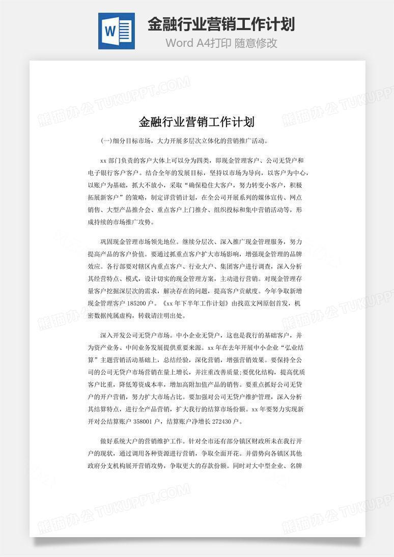 金融行业营销工作计划word文档