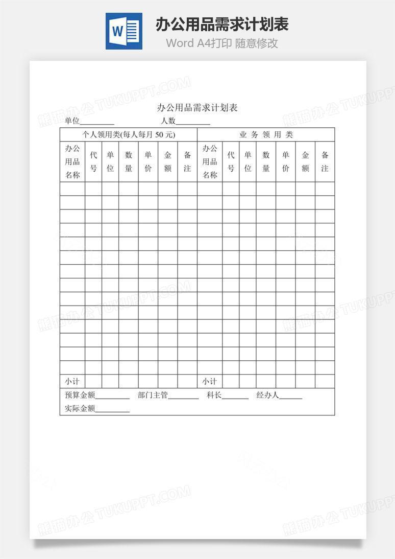 办公用品需求计划表Word文档