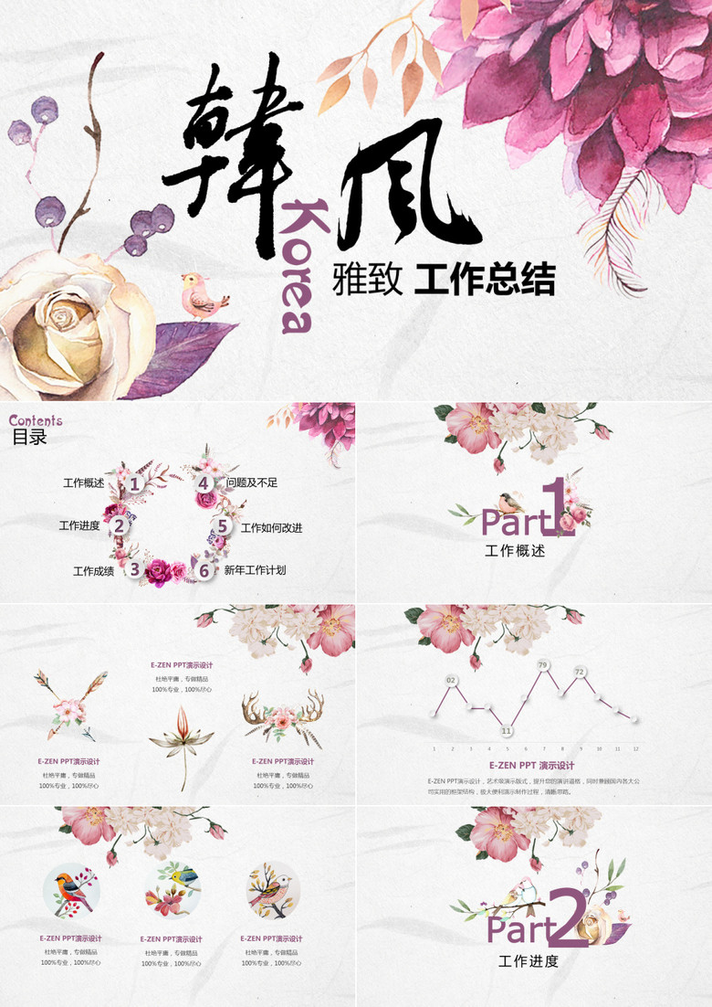韩式风格水彩花卉雅致工作总结PPT模板