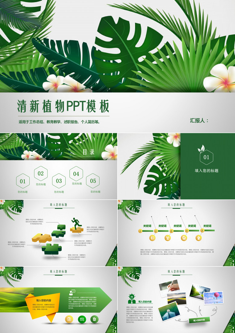 清新植物工作总结教育教学述职报告通用PPT模板