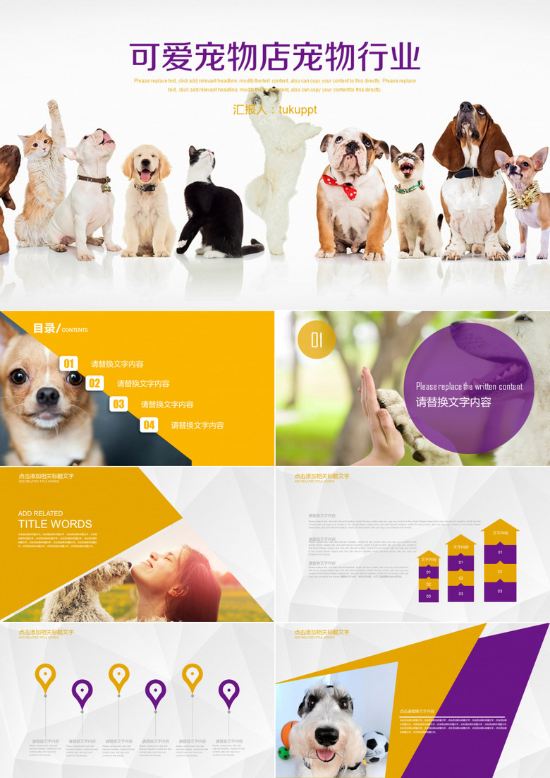 创意简约图形拼色可爱宠物店宠物行业宣传PPT模板