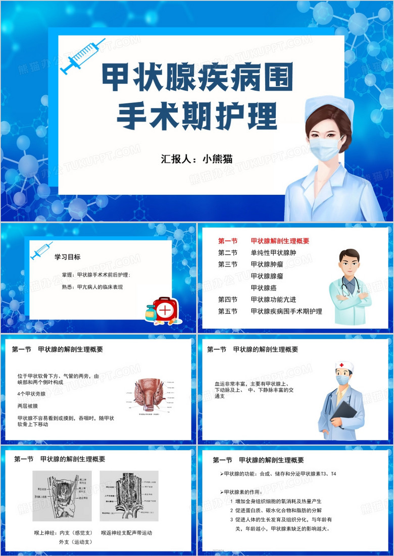 蓝色医疗甲状腺疾病围手术期护理PPT模板