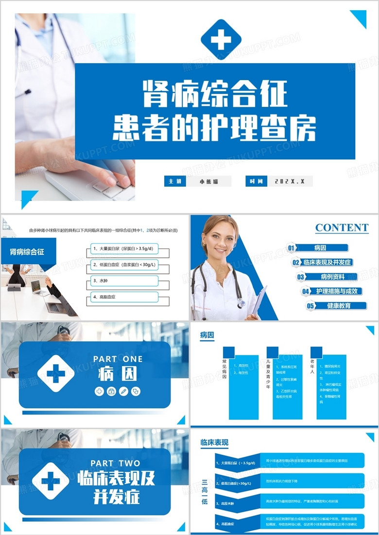 蓝色商务肾病综合征护理查房主题PPT模板