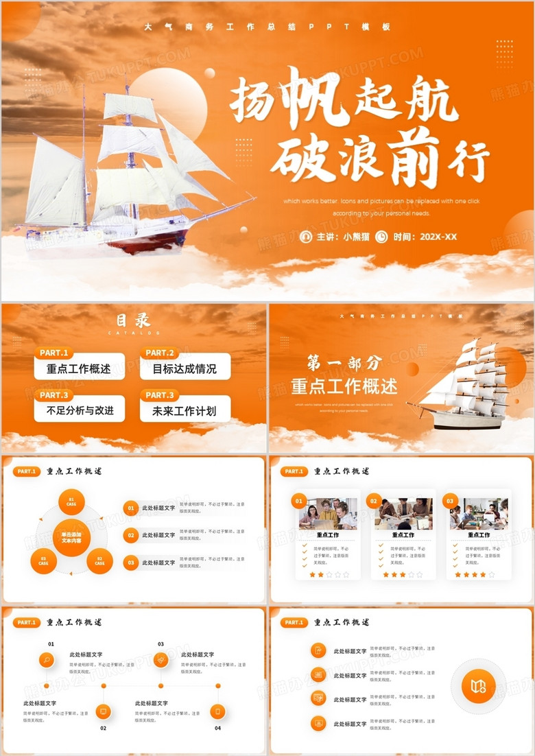 橙色商务风扬帆起航破浪前行PPT模板