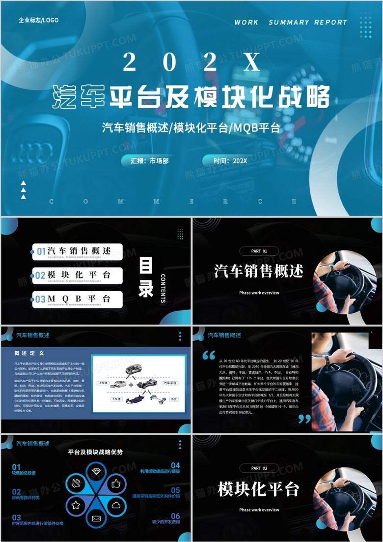 蓝色渐变商务汽车平台及模块化战略课件PPT模板