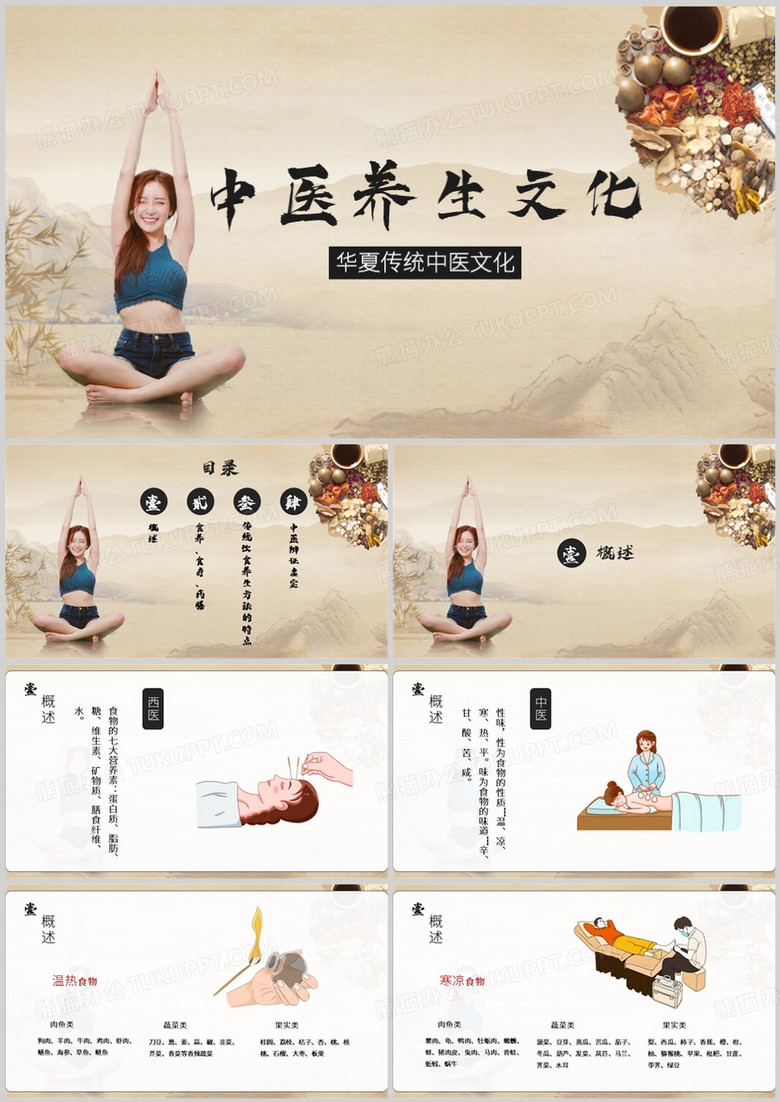 中医养生手绘中国风饮食与养生PPT模板