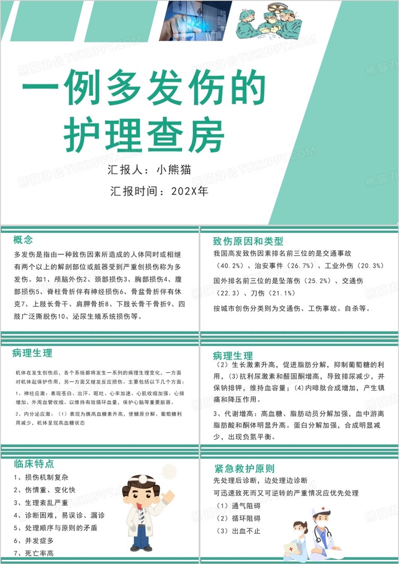 绿色简约一案例多发伤的护理多发伤护理查房PPT模版