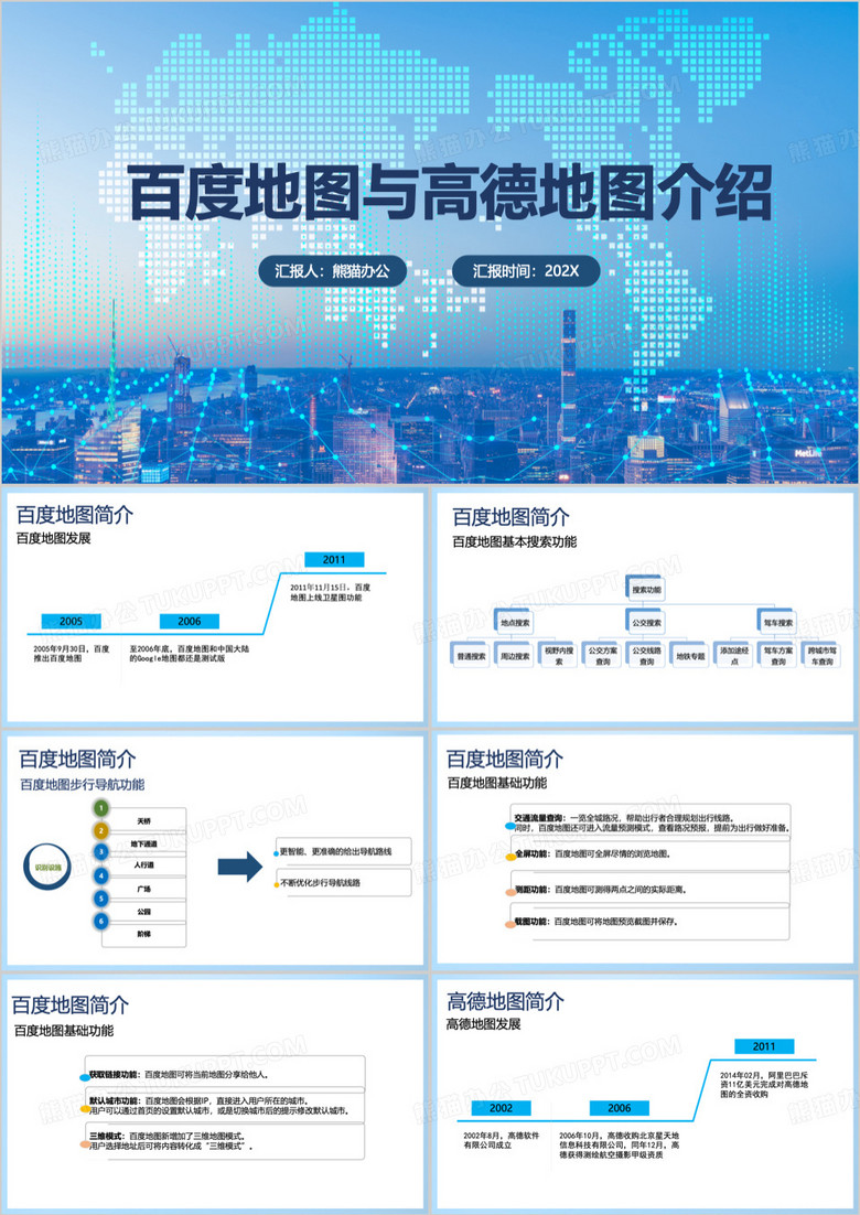 蓝色百度地图和高德地图介绍PPT模板
