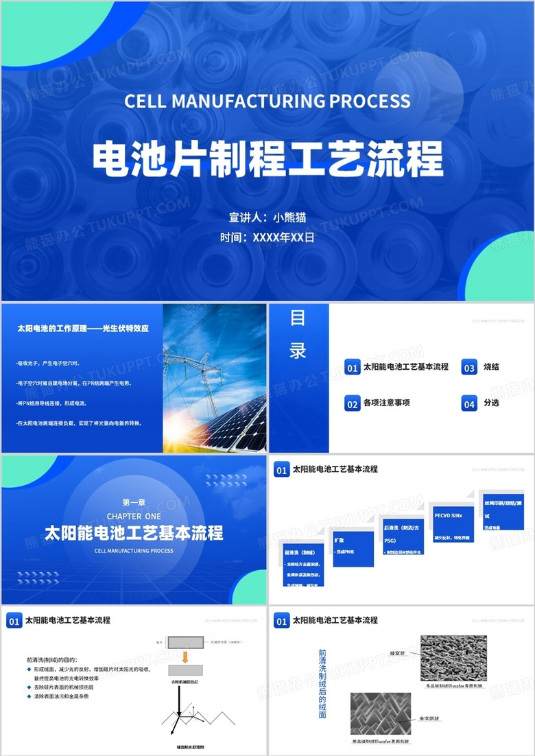 蓝色简约风电池片制成工艺课件PPT模板