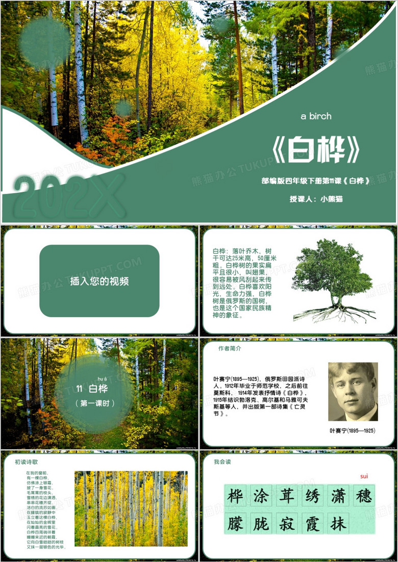 绿色简约风白桦课件PPT模板