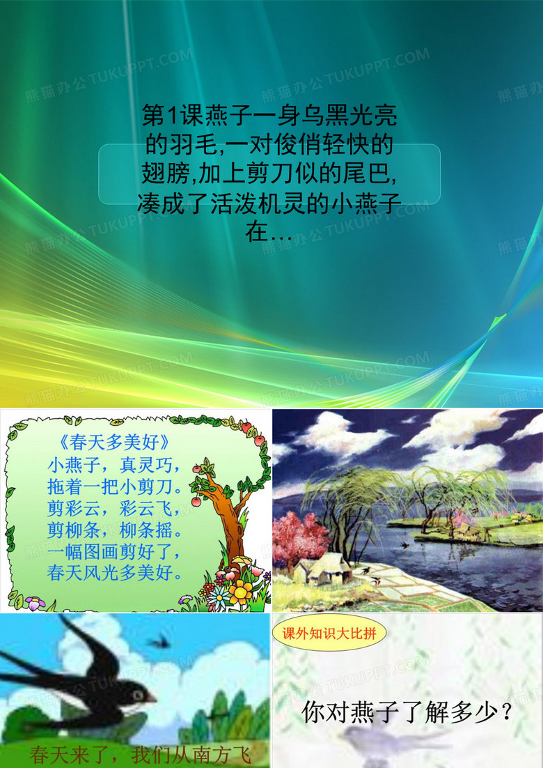 第1课燕子一身乌黑光亮的羽毛,一对俊俏轻快的翅膀,加上剪刀似的尾巴,凑成了活泼机灵的小燕子在…