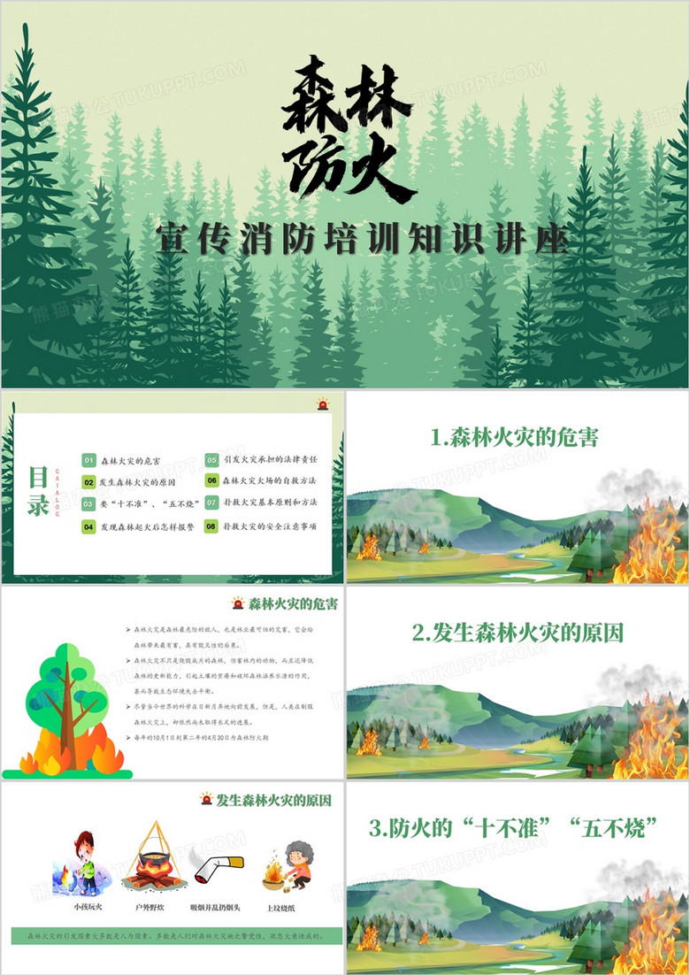 绿色简约森林防火宣传PPT模板
