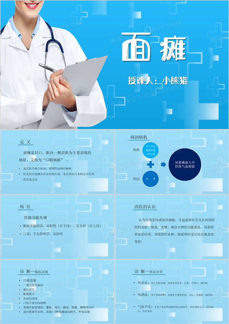 蓝色简约风面瘫医学课件PPT模板