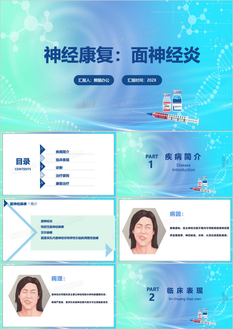 绿色疾病神经康复面神经炎PPT模板