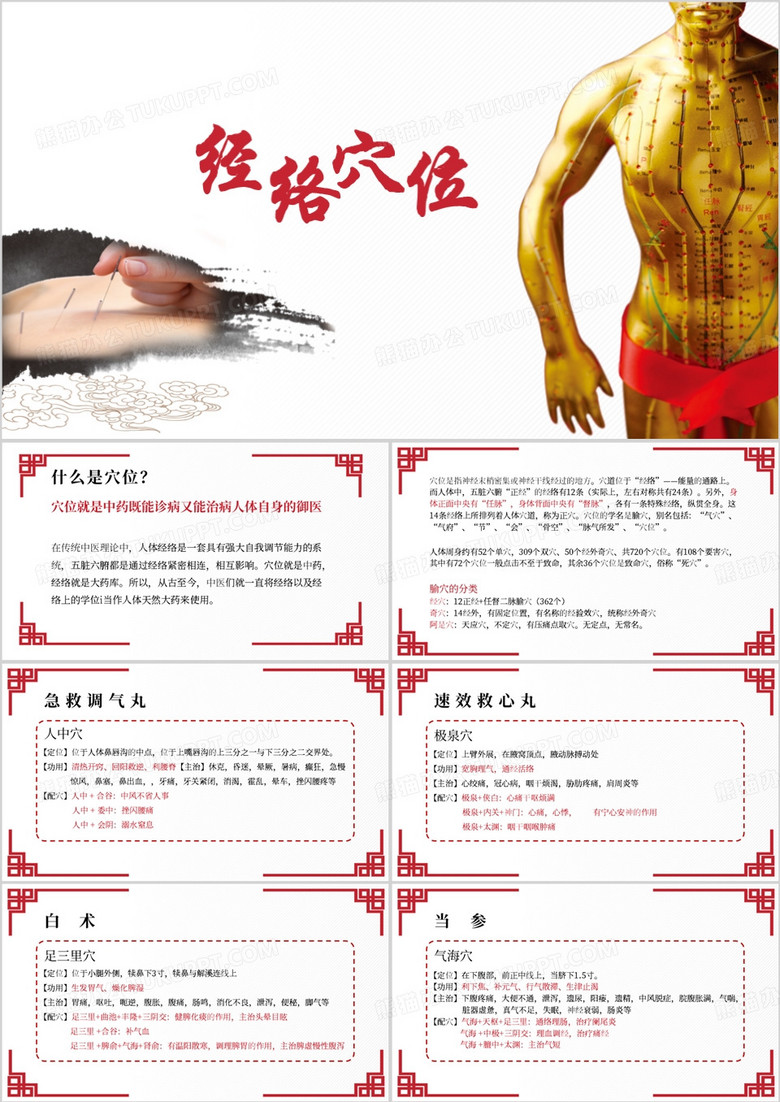 红色简约经络穴位介绍PPT模板