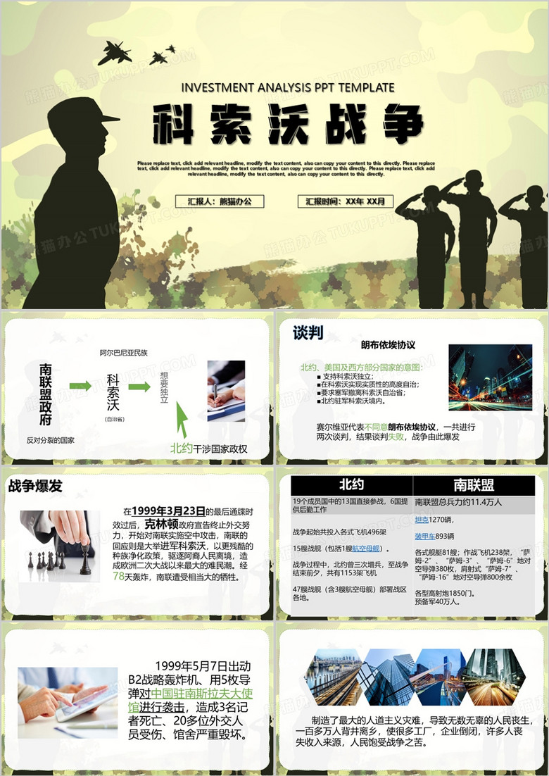绿色简约风科索沃战争PPT模板