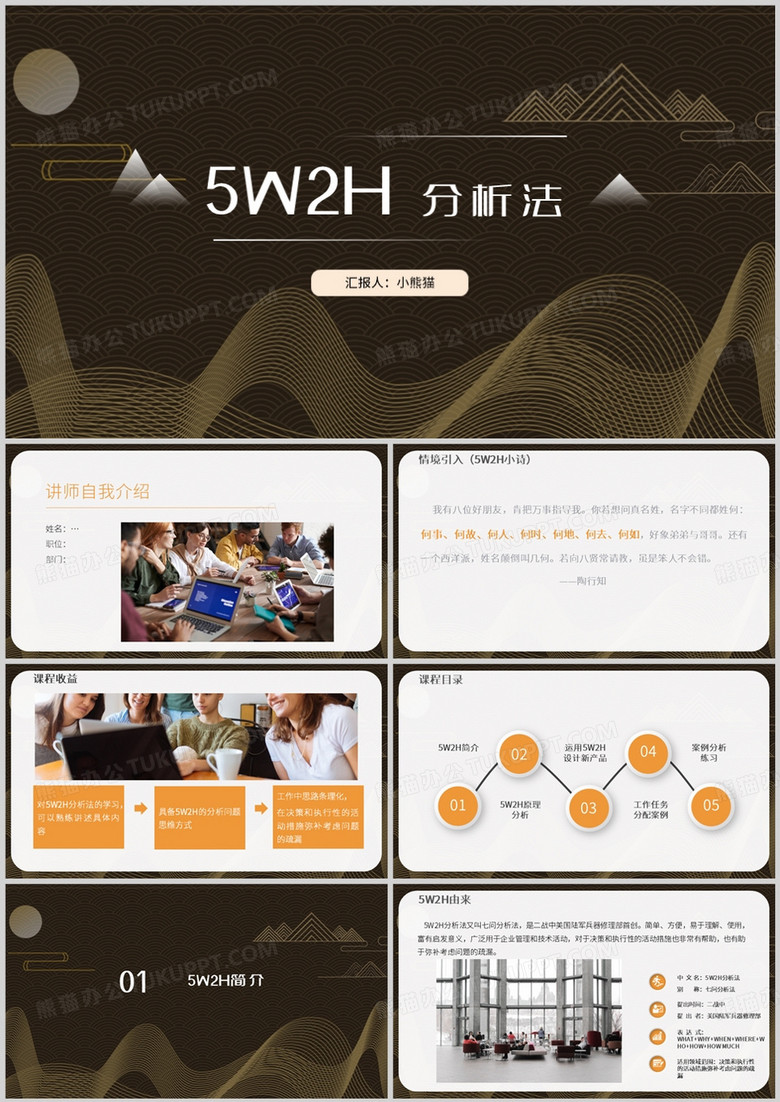 黑金简约风5W2H分析法PPT模板