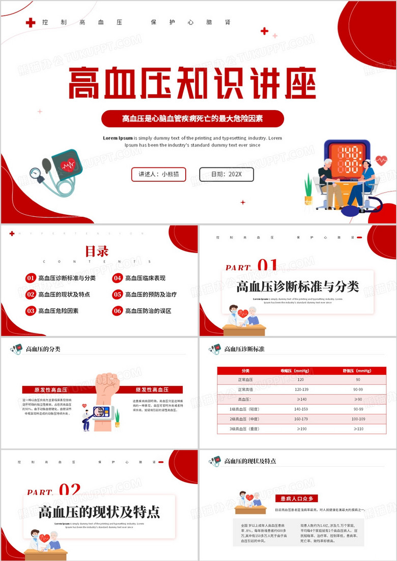 红色简约卡通高血压知识讲座PPT模板