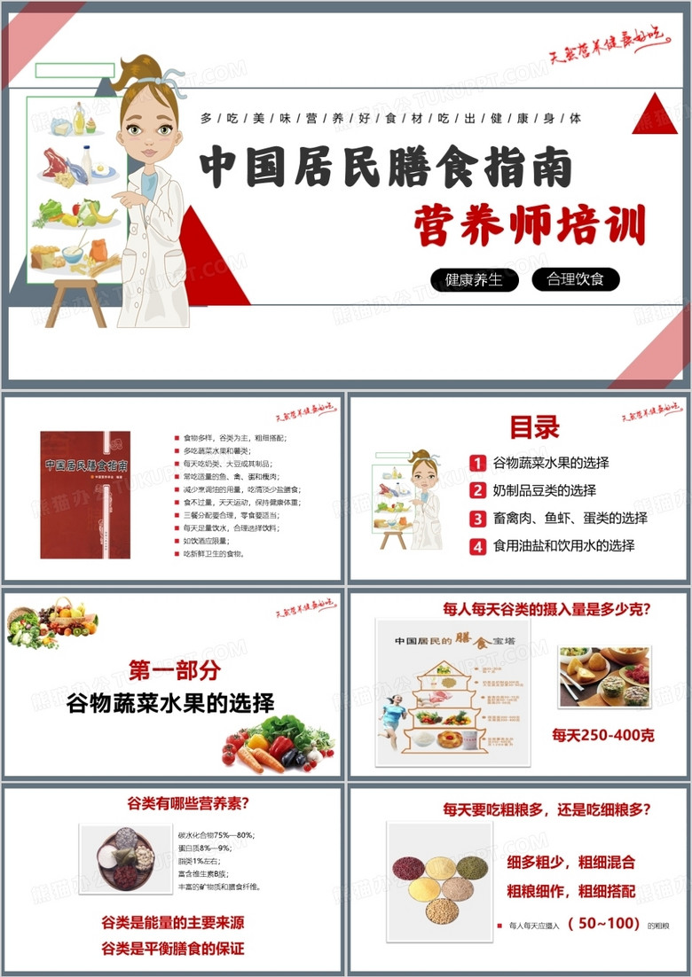 红色中国居民膳食指南营养师培训PPT模板