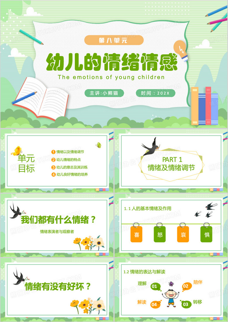 绿色卡通风幼儿的情绪情感PPT模板