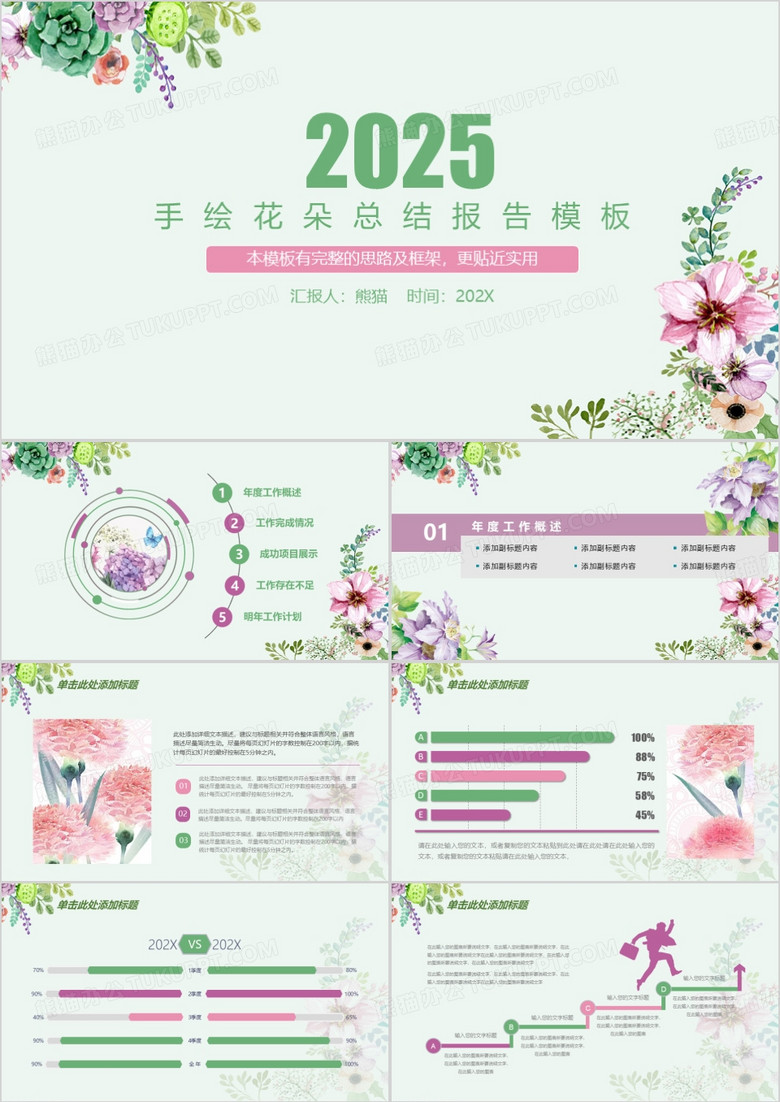 2025手绘花朵总结报告PPT模板