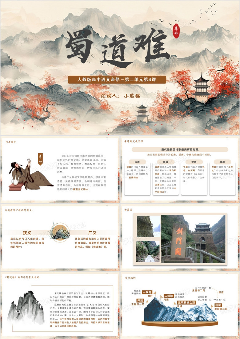 黄色中国风蜀道难PPT模板 黄色中国风蜀道难PPT模板