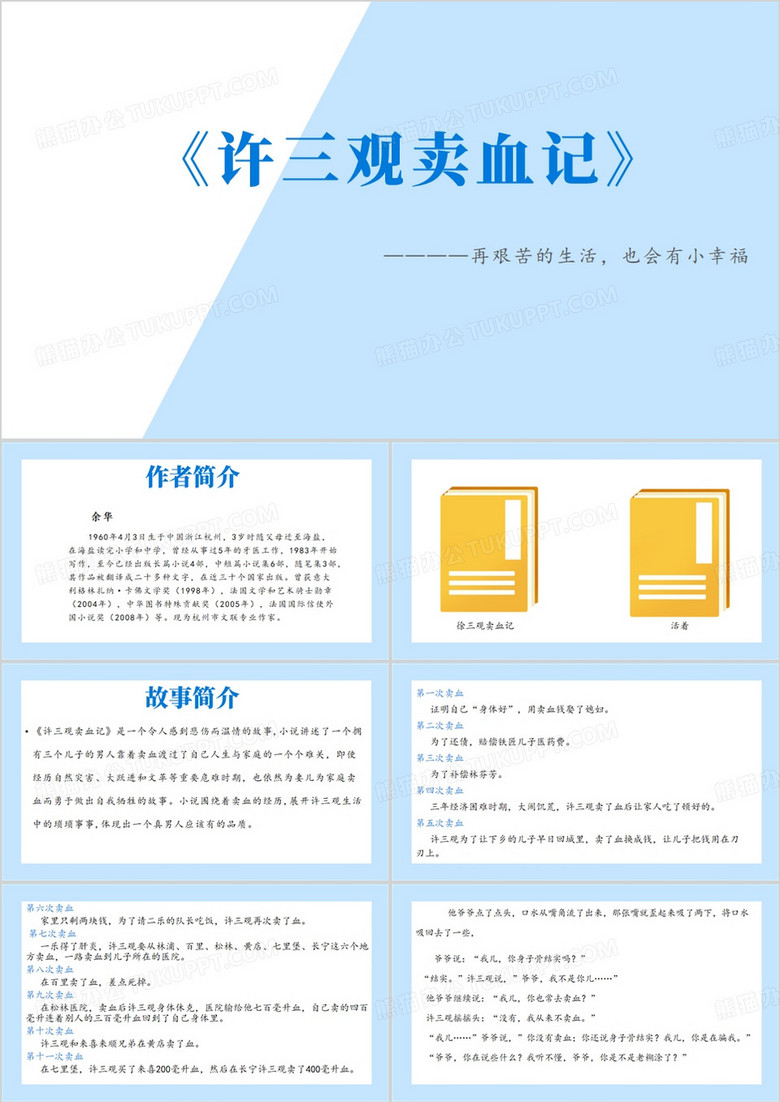 蓝色简约许三观卖血记PPT模板
