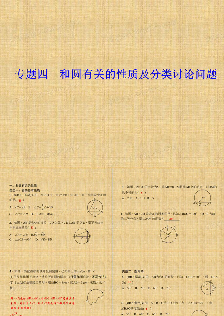 2016百分闯关(华东师大版)九年级数学下册课件专题四 和圆有关的性质及分类讨论问题(共11张PPT) 2016百分闯关(华东师大版)九年级数学下册课件专题四 和圆有关的性质及分类讨论问题(共11张PPT)