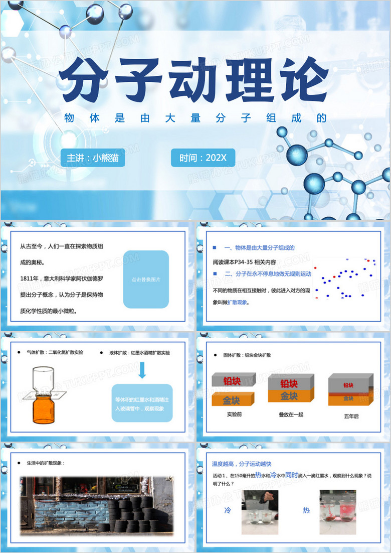 蓝色简约风分子动理论PPT模板