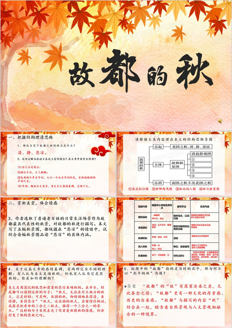 秋天手绘风故都的秋PPT模板 秋天手绘风故都的秋PPT模板