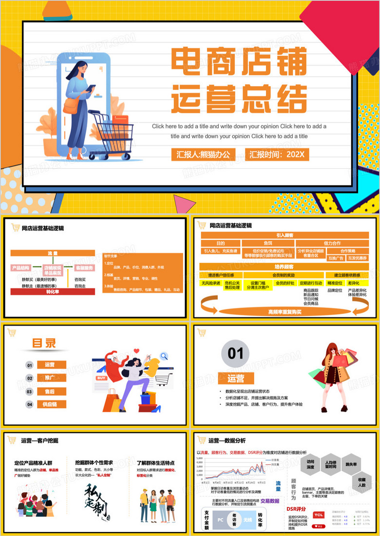 黄色卡通风电商店铺运营总结PPT模板