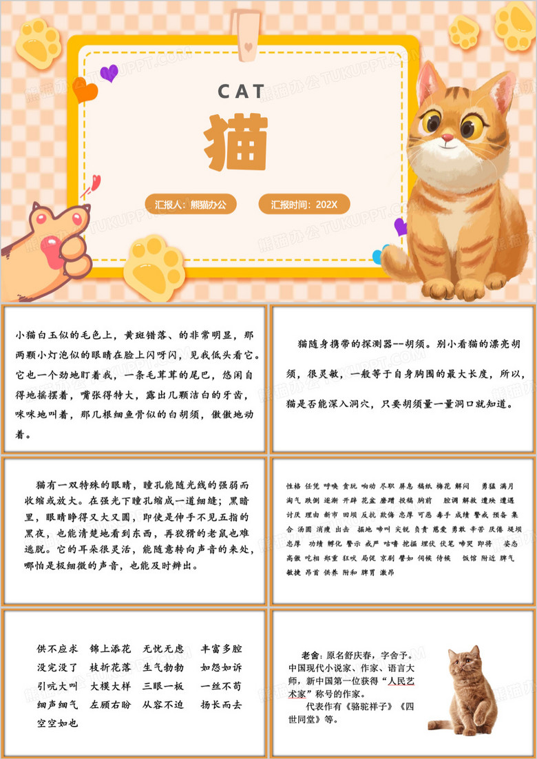 黄色卡通风语文课文猫的特性PPT模板