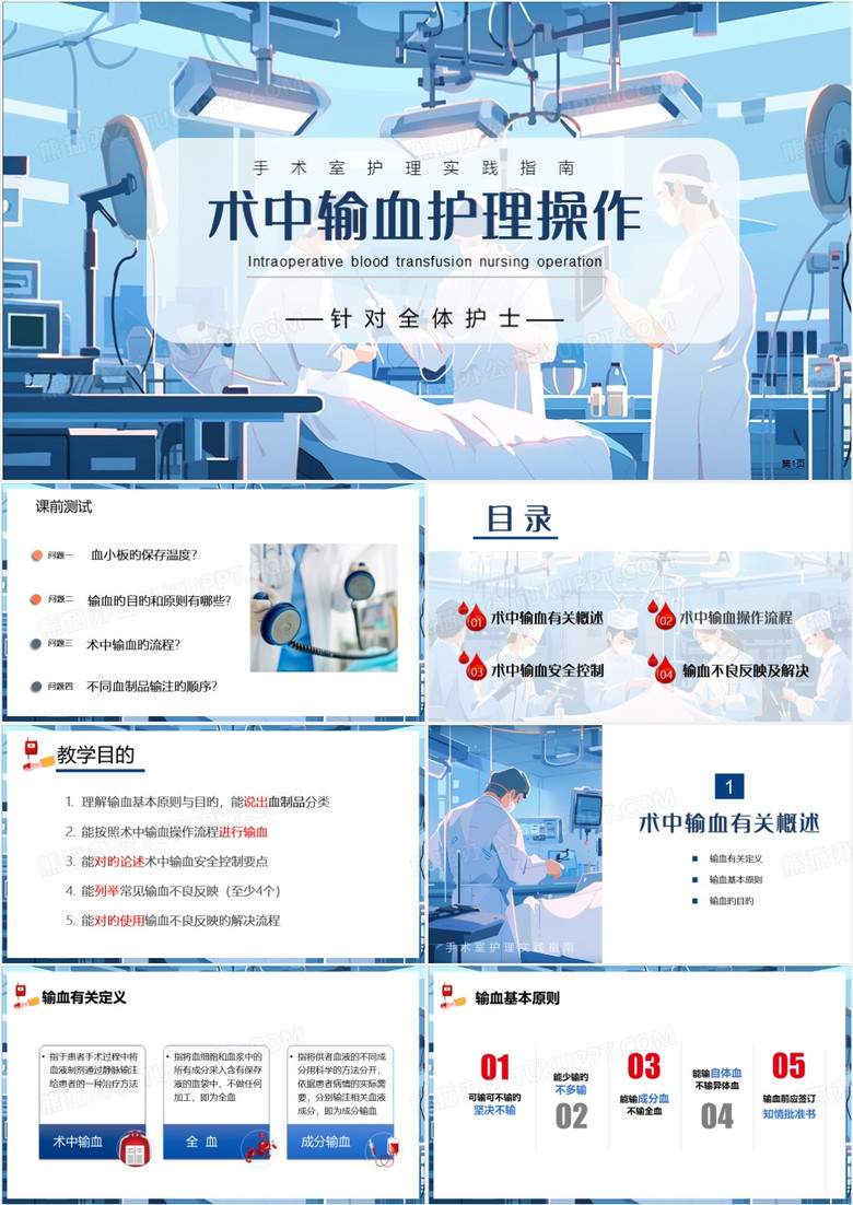 蓝色卡通风术中输血医疗护理操作PPT模板