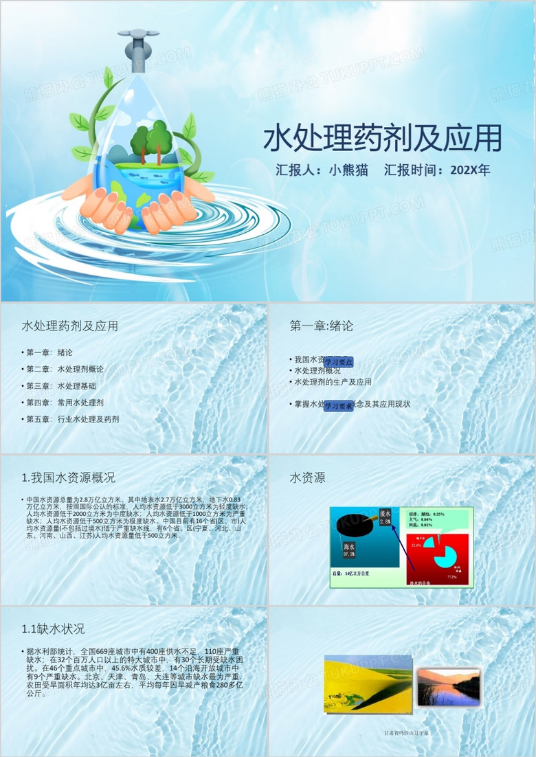 蓝色简约水处理药剂及应用PPT模板