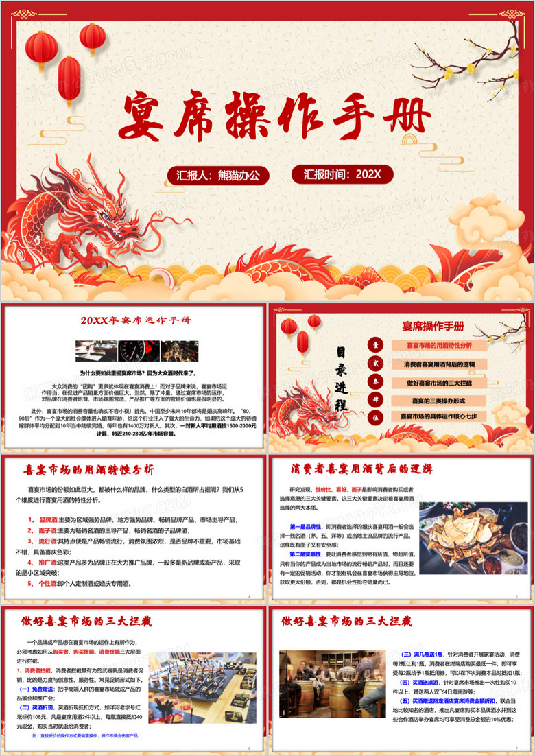 红色宴席操作手册介绍PPT模板