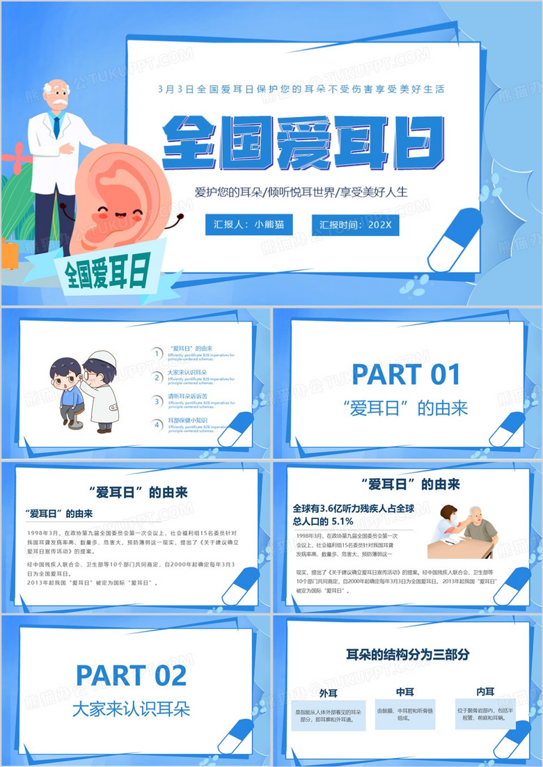 蓝色卡通风全国爱耳日ppt模板